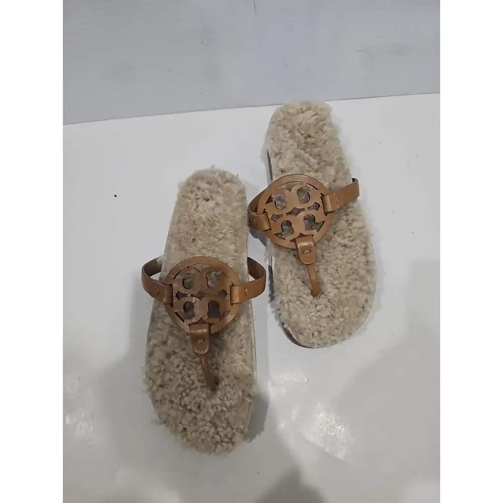 TORY BURCH MILLER Cloud THONG SANDAL Shearling Caramel Corn/Buttermilk Sz 9.5